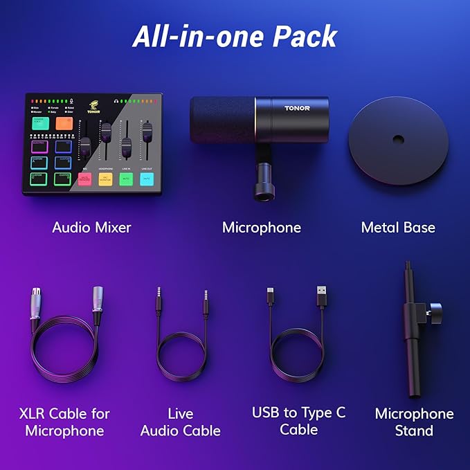 TONOR Audio Interface and Microphone Set, Podcast Equipment Bundle, USB Audio Mixer with RGB, XLR Dynamic Microphone with Studio Sound Quality, Complete Package for Content Creating, Gaming, Streaming