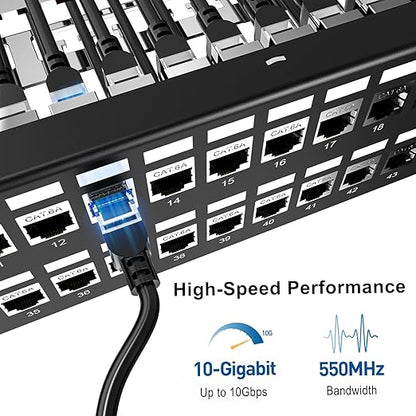 Jadaol 48 Port Shielded Patch Panel Rack or Wall Mount 19-Inch, 2U Cat6A Network Panel Preloaded with 48 Keystone Couplers Plus 2 Spare, 10Gbps Ethernet Panel with Cable Management & Back Support Bar