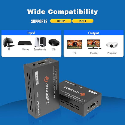 J-Tech Digital HDMI Extender 1080P 60Hz Over Single CAT 5e/6/7 PoC (Power Over Cable) up to 165ft, Deep Color EDID Copy Zero Signal Loss [JTD-HDEX-1PV2]