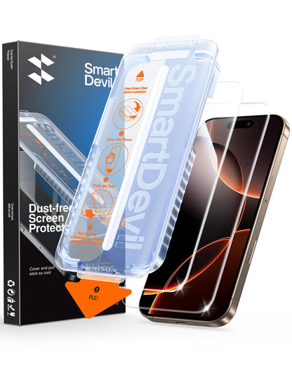 SMARTDEVIL 2 Pack for iPhone 16 Pro Max Screen Protector, 9H Hardness Military Grade Shatterproof, HD Clear Tempered Glass with Auto Dust-Elimination, Bubble Free, Easy Installation, Case Friendly