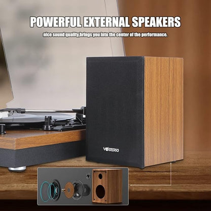 Bluetooth Record Player, 3-Speed Belt-Driven Turntable with Bluetooth Input& Output, Aux-in, Two 15W External Speakers, Retro Vinyl Player, Walnut