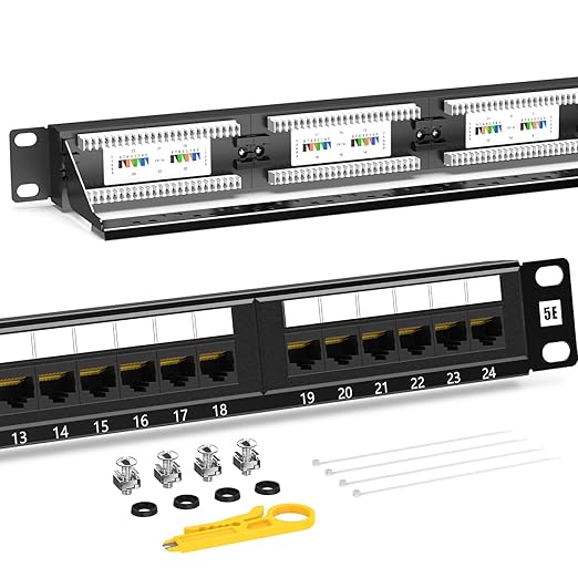 AMPCOM Premium Series CAT5/5e 24 Ports Patch Panel, Rack Mount - 1U, 19 inch, RJ45 Ethernet 568A 568B, 15u Gold Plated, with Rear Cable Support Bar