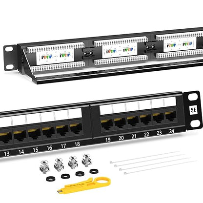 AMPCOM Premium Series CAT5/5e 24 Ports Patch Panel, Rack Mount - 1U, 19 inch, RJ45 Ethernet 568A 568B, 15u Gold Plated, with Rear Cable Support Bar