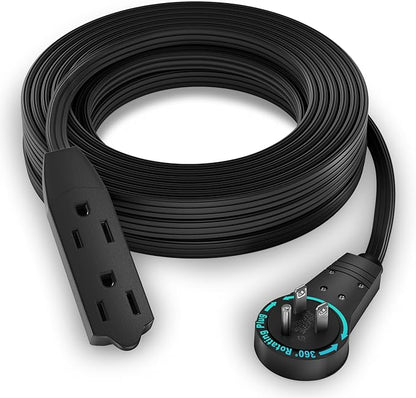 Maximm Cable 20 Ft 360° Rotating Flat Plug Extension Cord, 16/3 AWG Multi 3 Outlet 3-Prong Grounded Wire- Black - UL Certified