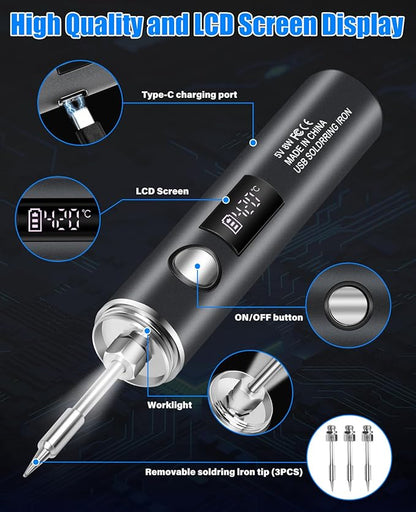 Cordless Soldering Iron Kit, 1400mAh Rechargeable Portable Cordless Soldering Iron, LCD Digital Adjustable Temperature Thermostatic Soldering Gun for Home Appliance Repair