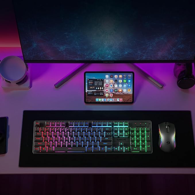 Redragon S107KS Wireless Gaming Keyboard and Mouse, RGB Backlit, 3 Mode (Wired/2.4G/BT), Up to 10,000 DPI Gaming Mouse with Software, Ultra Lightweight 65g, 25 Key Anti-Ghosting Keyboard for PC