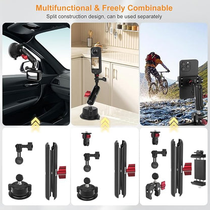 Camera Suction Cup Mount Kits-360°Ball Head Magic Arm,Double-Layer Suction Cup Mount for Action Cameras, GoPr0 Hero 13/12, DJI Osmo X4/X3,Mount on Car Windshield,Dashboard-Video Shooting,JC019