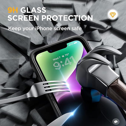 Miracase Glass Series Designed for iPhone 14 Plus Case 6.7 inch, 2023 Upgrade Full-Body Clear Bumper Case with Built-in 9H Tempered Glass Screen Protector and Camera Lens Protector,Black