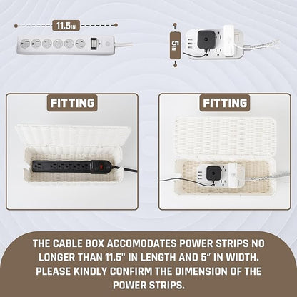 Cable Management Box, Handmade Rattan Cable Organizer, 2 Open Slots Cords Hider Box, Under Desk Cord Organizer for Computer Router USB Hub & Power Strip, Patent Pending, 13" x 5.1" x 5.1", White