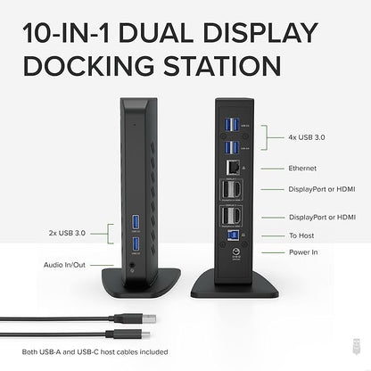 Plugable Dual DisplayPort & HDMI Docking Station - USB 3.0 & USB-C Laptop Dock for Dual Monitors, DisplayLink, Mac (Driver Required), ChromeOS & Windows, Gigabit Ethernet and Audio (UD-6950Z)