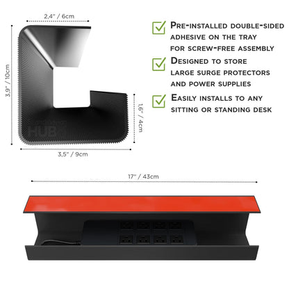 No-Screw Under Desk Cable Management Tray - Self-Adhesive Installation, Cord Management, Cable Tray, Under Desk Wire Organizer - Black Set of 4