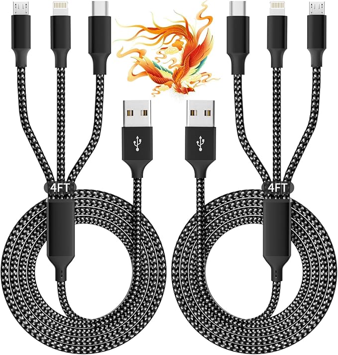 IDISON Multi Charging Cable(2Pack 4FT), 3 in 1 USB Charging Cable for Multiple Devices, Braided Universal Phone Charger Cord with Type-C, Micro USB, IP Port for iPhone16/15/14/Android Phones and More