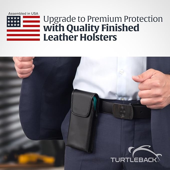 Turtleback Belt Holder for iPhone 16 Pro, 16e, 15 pro 14 Pro 13 Pro -Medium- Fits w/Shockproof Commuter Style Cases, Premium Black Leather Vertical Holster, Magnetic Closure Leather Wrapped Clip