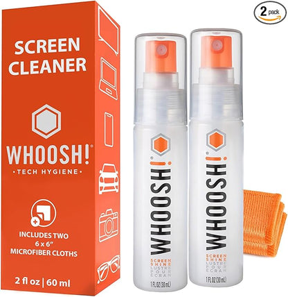 WHOOSH! Screen Shine Go 2-Pack – Two 1 fl oz Refillable Touchscreen Cleaners with Microfiber Cloths for Car, iPad, Laptop and Eyeglasses – Powerful Streak-Free Cleaning – Pocket-Sized, TSA-Approved