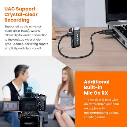 GODOX WEC KIT2 Wireless Microphone for Sony, Cable-Free Hotshoe Mount Lavalier mic, 200m (656ft.) Range, Noise Cancelling Mics, UAC Support Wireless Microphone for PC/Phone/Camera