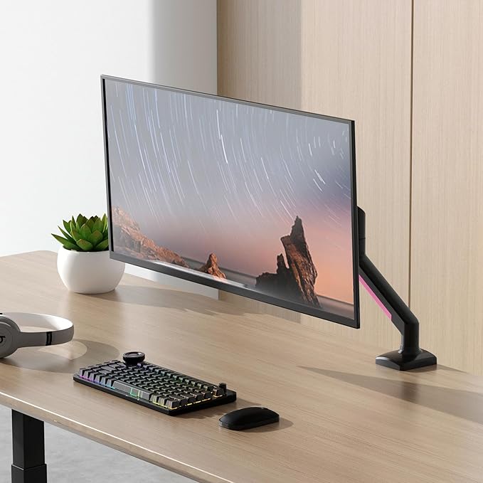 PHOLITEN Single Monitor Arm Fits 13-32 inch,4.4-19.8lbs Screen, Fully Adjustable Gas Spring Arm, Computer Monitor Stand with VESA 75 * 75mm/100 * 100mm Mount,Black & Pink