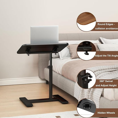 Adjustable Height C Shaped Side Table,360°Swivel Overbed Table,Top Tilting Laptop Stand Table with Hidden Wheels,Mobile Couch End Tables that Slide under,Rolling TV Coffee Table for Sofa/Bed(black)