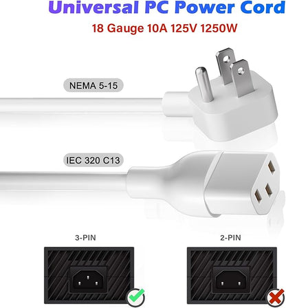 Adoreen 15 Ft Computer TV Replacement Power Cord White, Low Profile Flat Plug 18AWG 3-Prong AC Universal Power Supply Cable NEMA 5-15P to IEC 320 C13 for Printer, PC, Monitor TV LCD, ETL+Ties
