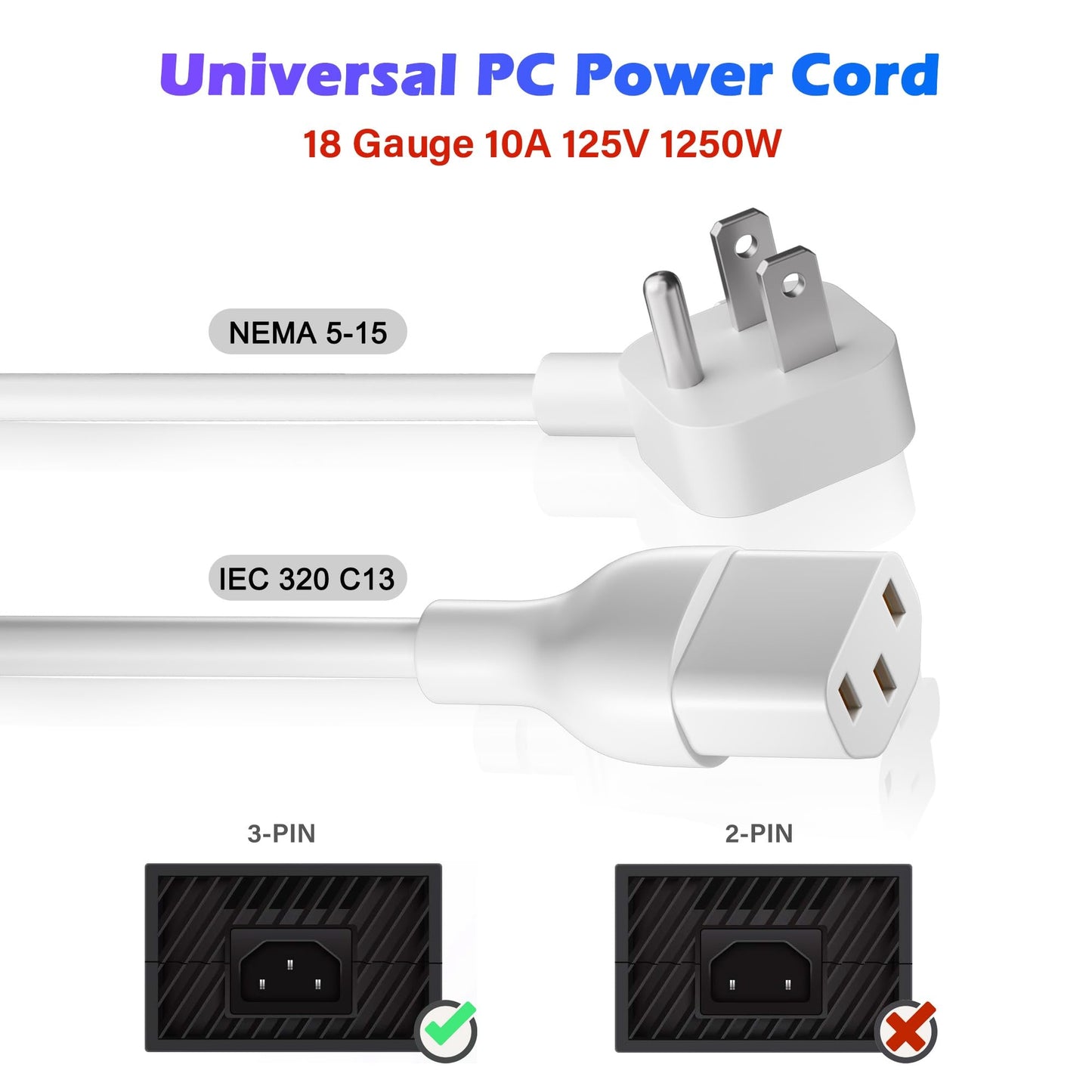 Adoreen 15 Ft Computer TV Replacement Power Cord White, Low Profile Flat Plug 18AWG 3-Prong AC Universal Power Supply Cable NEMA 5-15P to IEC 320 C13 for Printer, PC, Monitor TV LCD, ETL+Ties