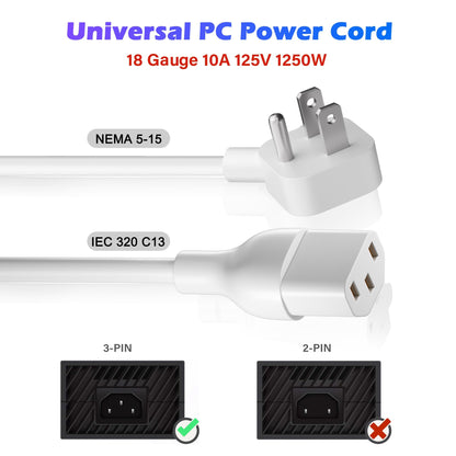 Adoreen 15 Ft Computer TV Replacement Power Cord White, Low Profile Flat Plug 18AWG 3-Prong AC Universal Power Supply Cable NEMA 5-15P to IEC 320 C13 for Printer, PC, Monitor TV LCD, ETL+Ties