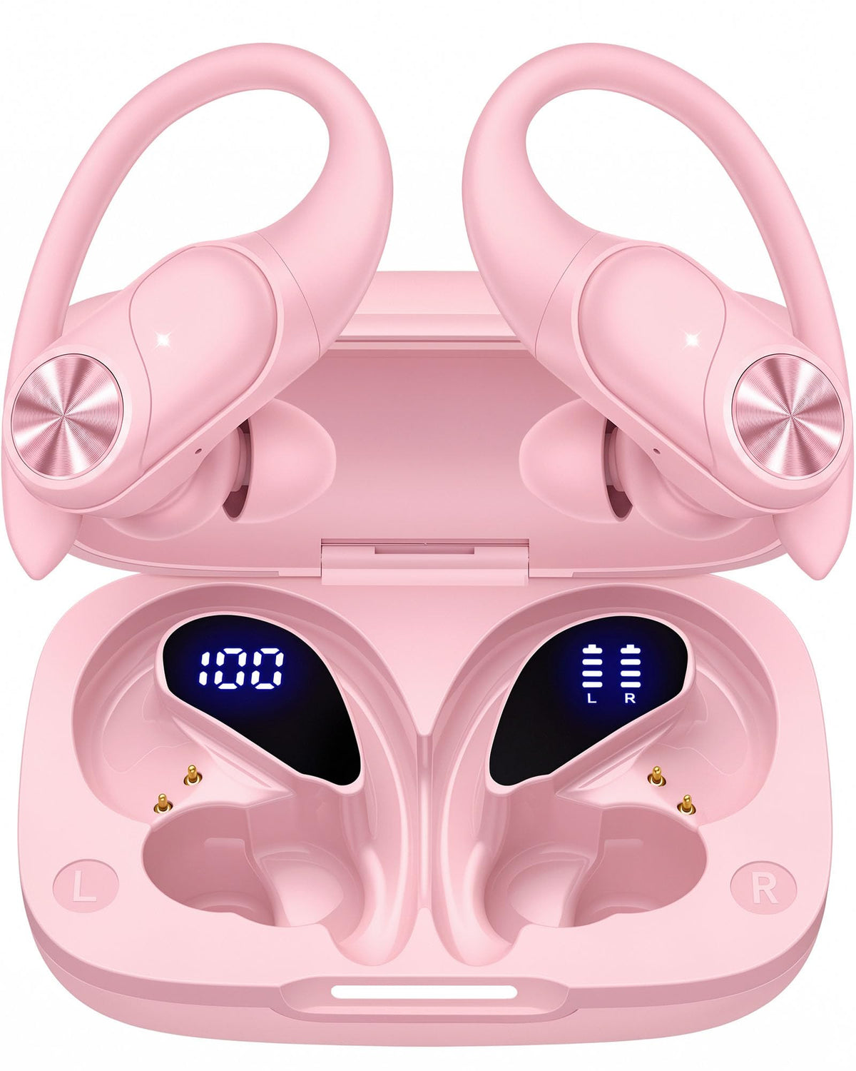 PocBuds Bluetooth Headphones Wireless Earbuds 80hrs Playtime Wireless Charging Case Digital Display Sports Ear Buds with Earhook Deep Bass IPX7 Waterproof Over-Ear Earphones for TV Phone Laptop Blue