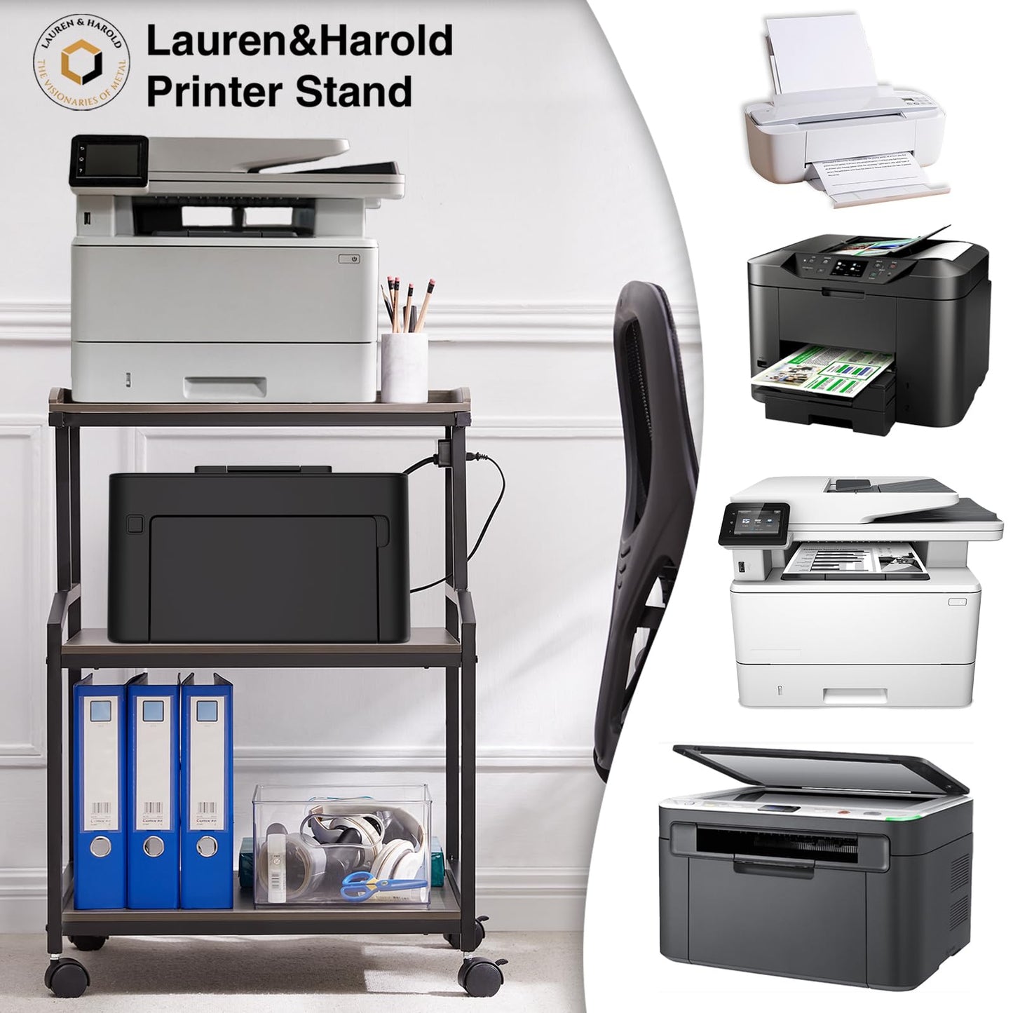 Lauren&Harold 34'' Printer Stand with Power Outlets & USB Ports Grey/Black