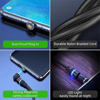 Magnetic Charging Cable (6-Pack,1.6+3.3+3.3+6.6+6.6+10ft) 540° Rotation Magnet Phone Charger USB C Cable 3A Fast Charging Magnetic Charger Cable with LED Light for Micro USB Type C Device