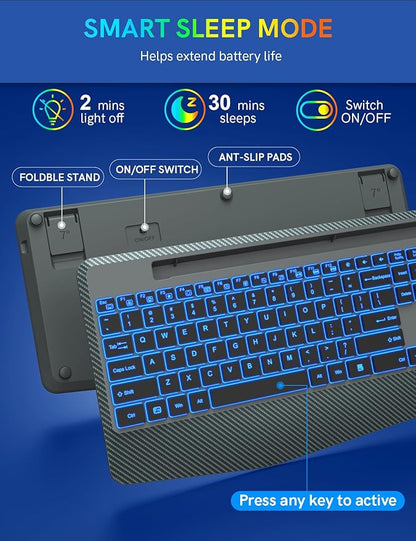 Wireless Keyboard with 7 Colored Backlit, Wrist Rest, Phone Holder, Rechargeable Ergonomic Computer Keyboard with Silent Key, Full Size Lighted Keyboard for Windows, MacBook, PC, Laptop (Gray)