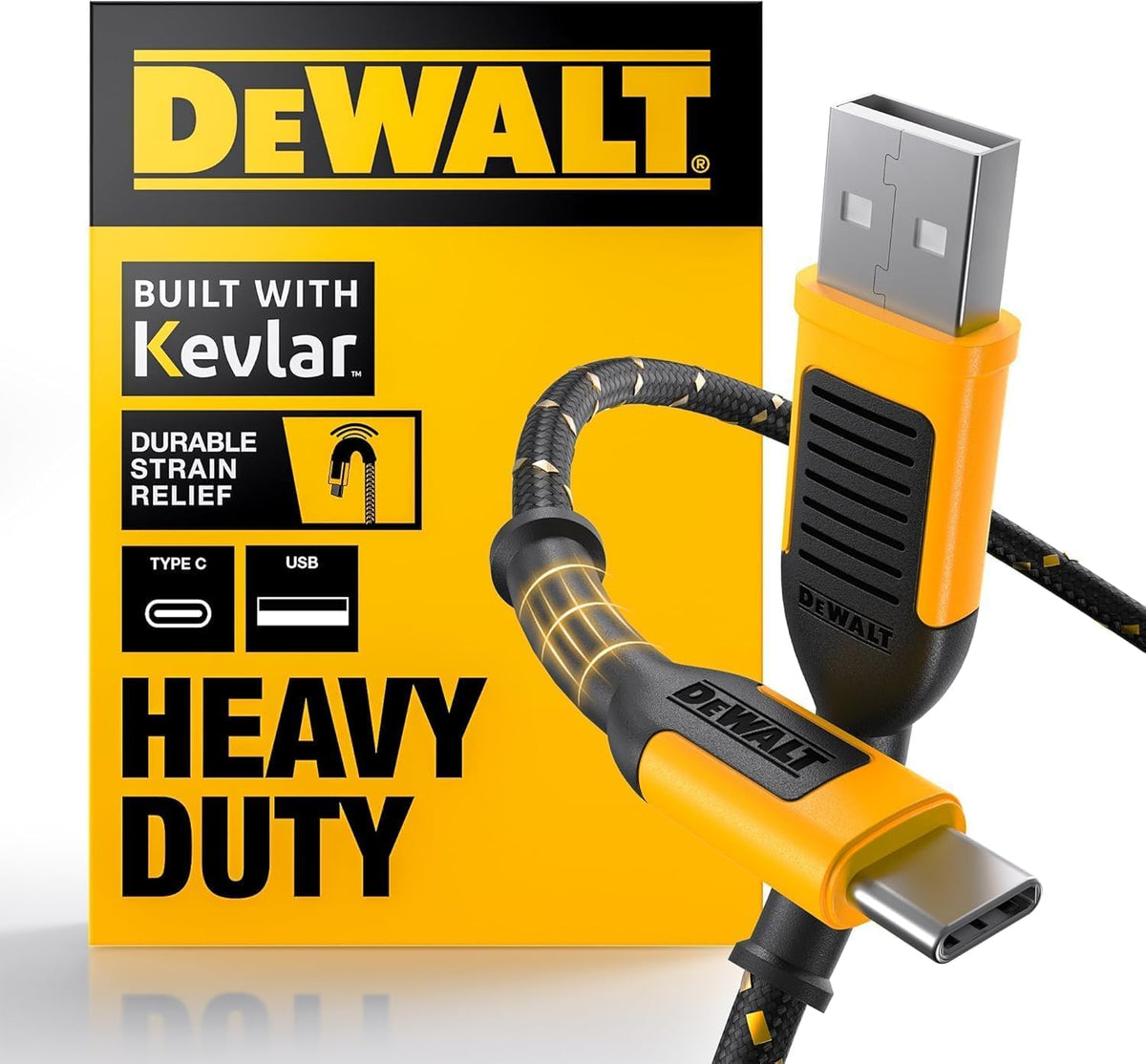 DEWALT Heavy Duty USB to USB C Cable, Jobsite TypeC Cable, High Speed, 10ft