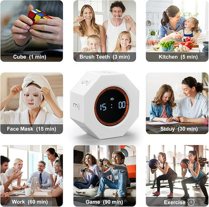 Rechargeable Pomodoro Timer, 8-Angle Auto-Rotating Screen with Gravity Sensor, Digital Timers for Classroom, Small Kitchen Timers for Cooking, Work and Study (Pearl White)