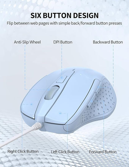 TECKNET Wired Mouse, 6-Button Corded with 4 Adjustable DPI, Optical Mouse with Ergonomic Design and 5FT Cord for Laptop, Chromebook, PC, Desktop, Mac, Notebook - LT.Blue