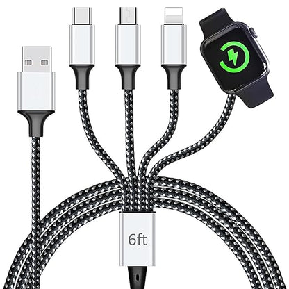 Multi Charging Cable for Apple Watch, Magnetic Wireless Charger, 4 in 1 Nylon Braided Cord for Multiple Devices, USB C/Micro Port/Compatible with iWatch Series 10-1/iPhone 16 15 14/iPad/Android - 6FT