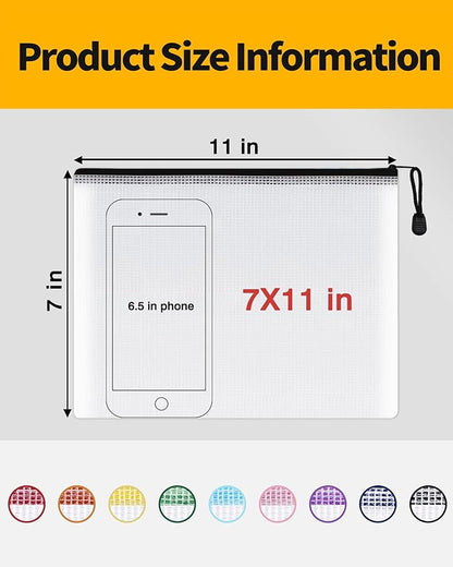 SUNEE Plastic Mesh Zipper Pouch 7.8x10.8 in (9 Colors, 18 Packs),Extra Large Water-Resistant Zip Bag for School Office Supplies, Puzzles & Games Organizing Storage