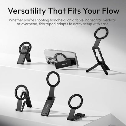 ULANZI MA60 Magnetic Phone Tripod Stand for iPhone - Aluminium Smartphone Mini Tripod Pocket Cell Phone Stand Strong Magnet Quick Mount Compatible with iPhone 16 15 14 13 12 Series, Black