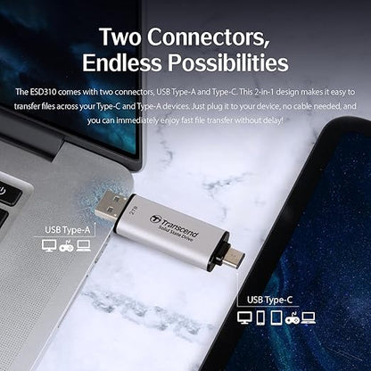 Transcend 2TB External SSD, Up to 1,050MB/s, USB 3.2 Gen 2 Portable SSD, 2-in-1 Type C &Type A, USB Hard Drive for Steam Deck, ROG Ally, MSI Claw, Windows&Mac, iPhone&iPad, Android, PS5&Xbox, Smart TV