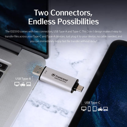 Transcend ESD310 512GB External SSD, Up to 1,050MB/s, Dual USB Flash Drive for iPhone/iPad/Mac/Windows/Android/Tablet/PC, USB3.2Gen2 Thumb Drive Photo Stick, 2-in-1 Type C &Type A Memory Stick-Silver