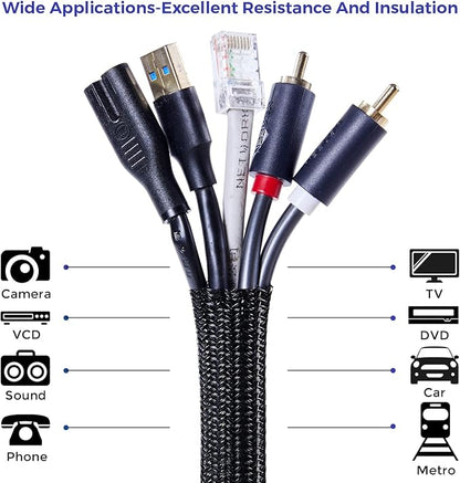 Cable Management Sleeves 1in - 2 Pack 6.6ft Split Braided Sleeve Black, Protectors From Pets, Wire Organizers, Flexible Wrap for Computer Cord Management