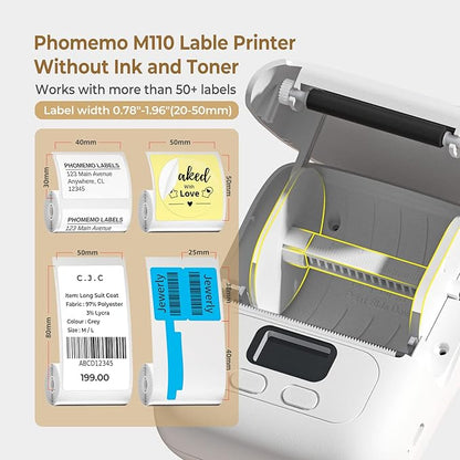 Phomemo M110 Label Makers - Portable Bluetooth Thermal Label Maker Machine,Label Printer for Barcode, Clothing, Jewelry, Retail, Mailing, for Android & iOS, with 1Pack 40×30mm Label, White