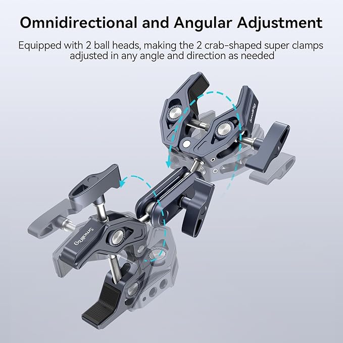 SMALLRIG Double Clamp Mount, Umbrella Clamp, Super Clamp Arm, for Chair, Pole, Tripod, C Stand, Handlebar, All Metal Max Load Capacity 3.5kg