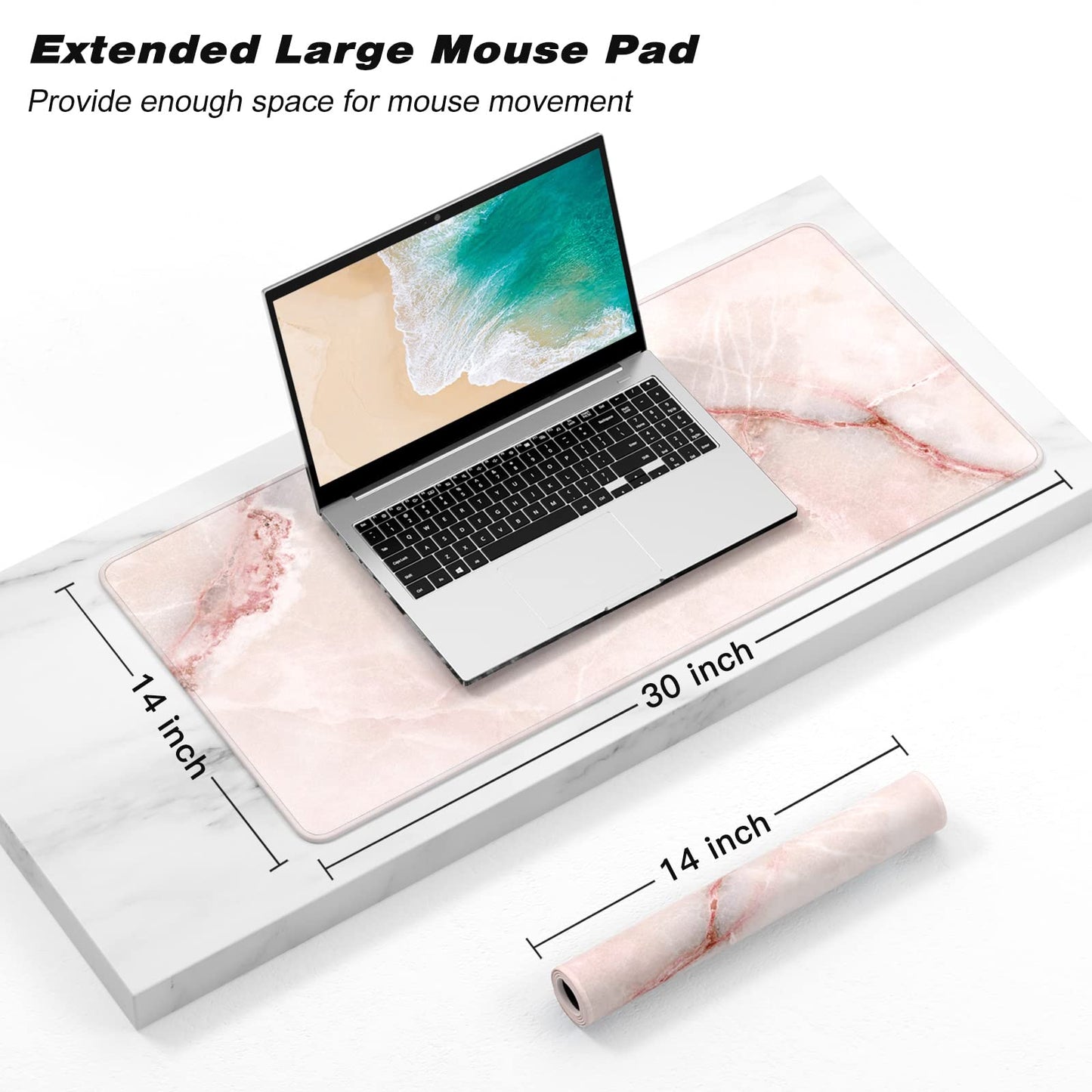 Atufsuat Extended Gaming Mouse Pad, XXL Large Mouse Mat 30 x 14 Inch, Big Computer Keyboard Mousepad, Waterproof Desk Pad with Stitched Edges and Non-Slip Base for Office Gaming, Light Pink Marble