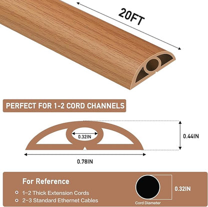 Floor Cord Cover Self Adhesive Cord Hider Floor Extension Cord Covers for Floor Power Cord Protector Cable Management Prevent Cable Trips Cable Cavity 0.32" W x 0.32" H (Light Brown Wood, 20Ft)
