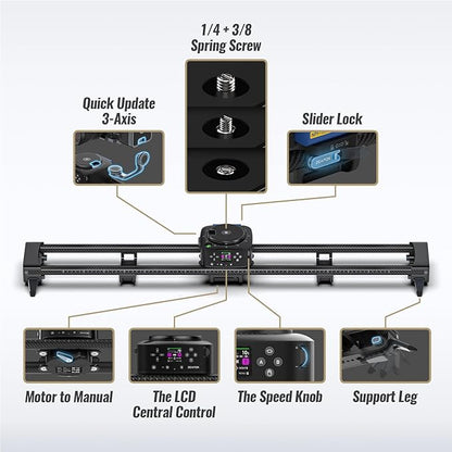 Zeapon AXIS 120 (2-axis) Multi-axis Motorized Camera Slider, 47''/120cm DSLR Dolly Carbon Fiber Electric Track, LCD Screen APP Control, Pan Head for 360° Panoramic Time-Lapse Follow Focus