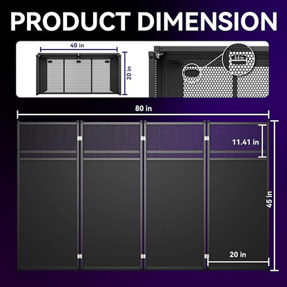 Portable DJ Booth Table,Foldable DJ Table Stand with White & Black Scrim,Adjustable DJ Facade Booth Station Metal Frame with Cable Hole for Private Events, Clubs, Bars (40x20 Double Deck)
