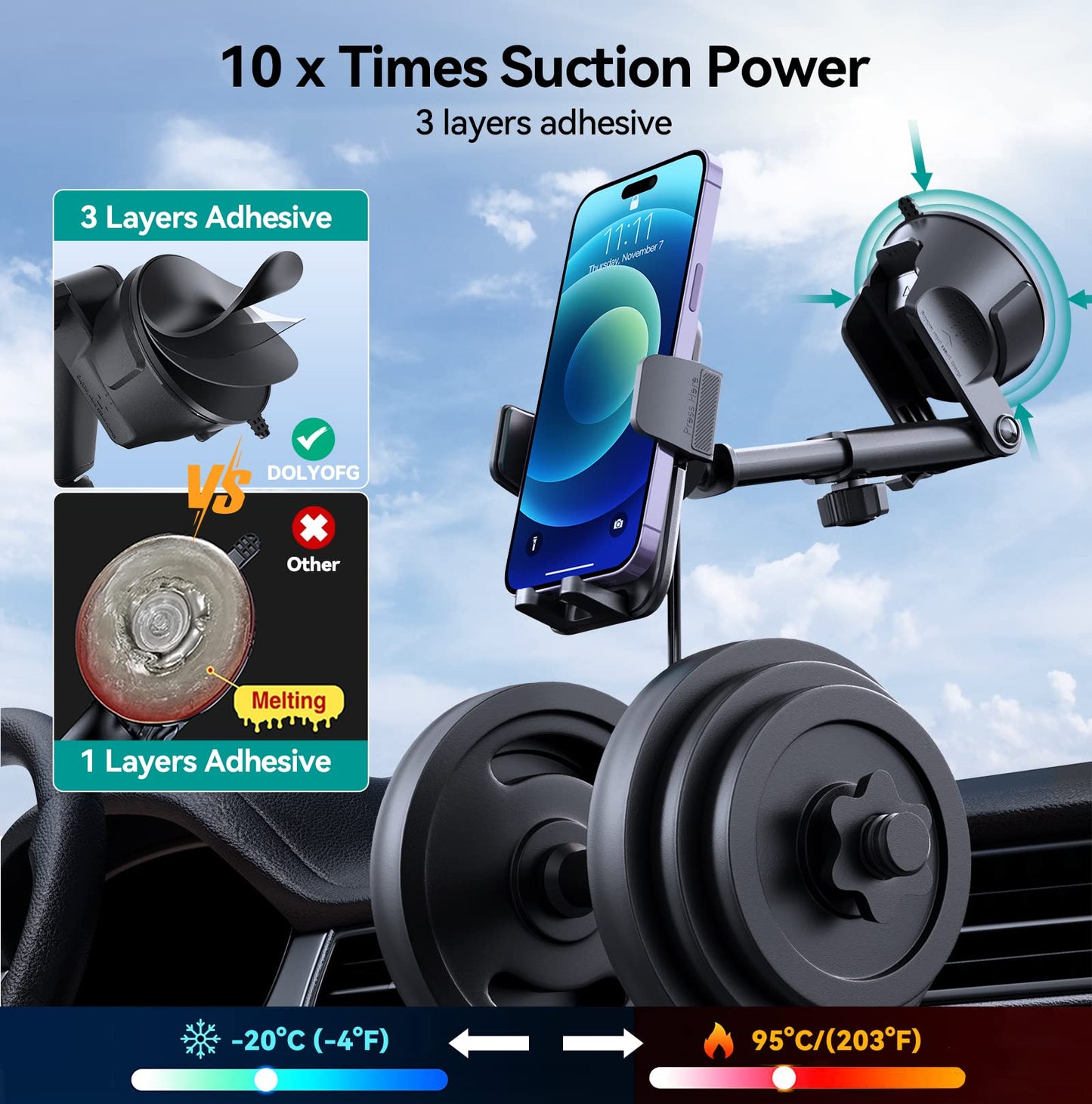 DOLYOFG Car Phone Holder Mount, [Military-Grade Suction & Super Sturdy Base] 3 in 1 Universal Phone Mount for Car Dashboard Windshield Air Vent Dash Pad Car Mount for iPhone Android Smartphone