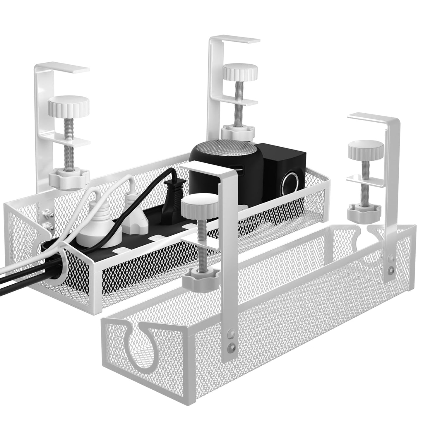 Under Desk Cable Management Tray White, No Drill Desk Cable Management Organizer with Clamp for Desk Wire Management, PC Cord Organizer Accessories & Workspace Organizers for Office, Home(2 Pack)