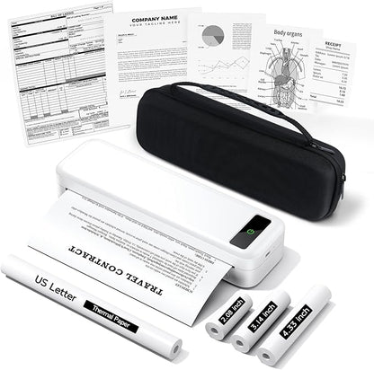 Portable Printers Wireless for Travel, Bluetooth Inkless Thermal Printer, Support 8.5" X 11" US Letter & A4, Small Mobile Printer with Carry Case and 4 Rolls Thermal Paper Kit, for Home Car Receipt