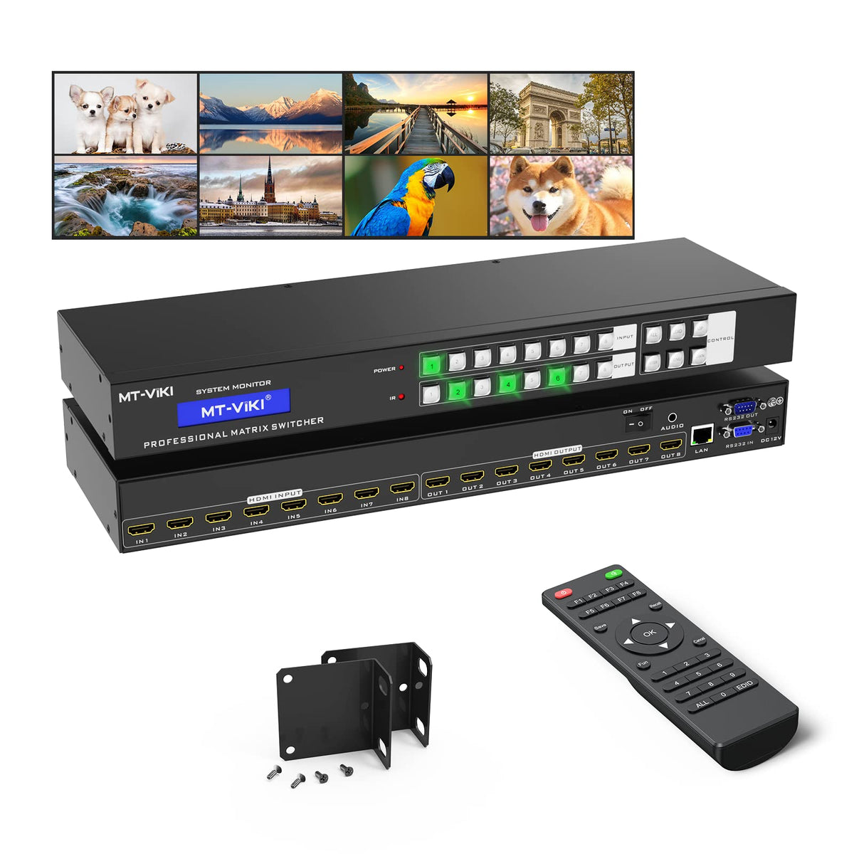 MT-VIKI 4K HDMI Matrix Switch 4x4 with Audio Extraction +Web GUI+ Remote, Rack Mount Switcher & Splitter, 4K@30Hz, EDID, RS232, LAN Port, APP for Conference Room, Church (4 in 4 Out)