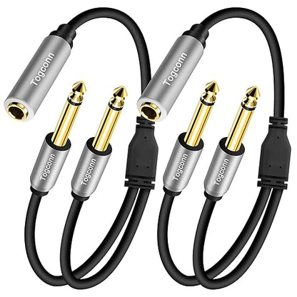 2-Pack 1/4 inch TS Mono Splitter Y Adapter, 6.35mm Mono Female to Dual 6.35 mm TS Mono Male Jack, Quarter inch Audio Speaker Splitter Converter Cable 1 Feet, Gold Plated Connectors