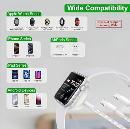 Upgraded 3 in 2 USB C Cable for Apple Watch Charger (4FT/1.2M) Travel USBC Multi Fast Charging Cord Compatible with iWatch Ultra 2/SE 2/10/9/8/7/6/5/4/3/2/1, iPhone 16/15 Pro Max Plus, iPad, AirPods
