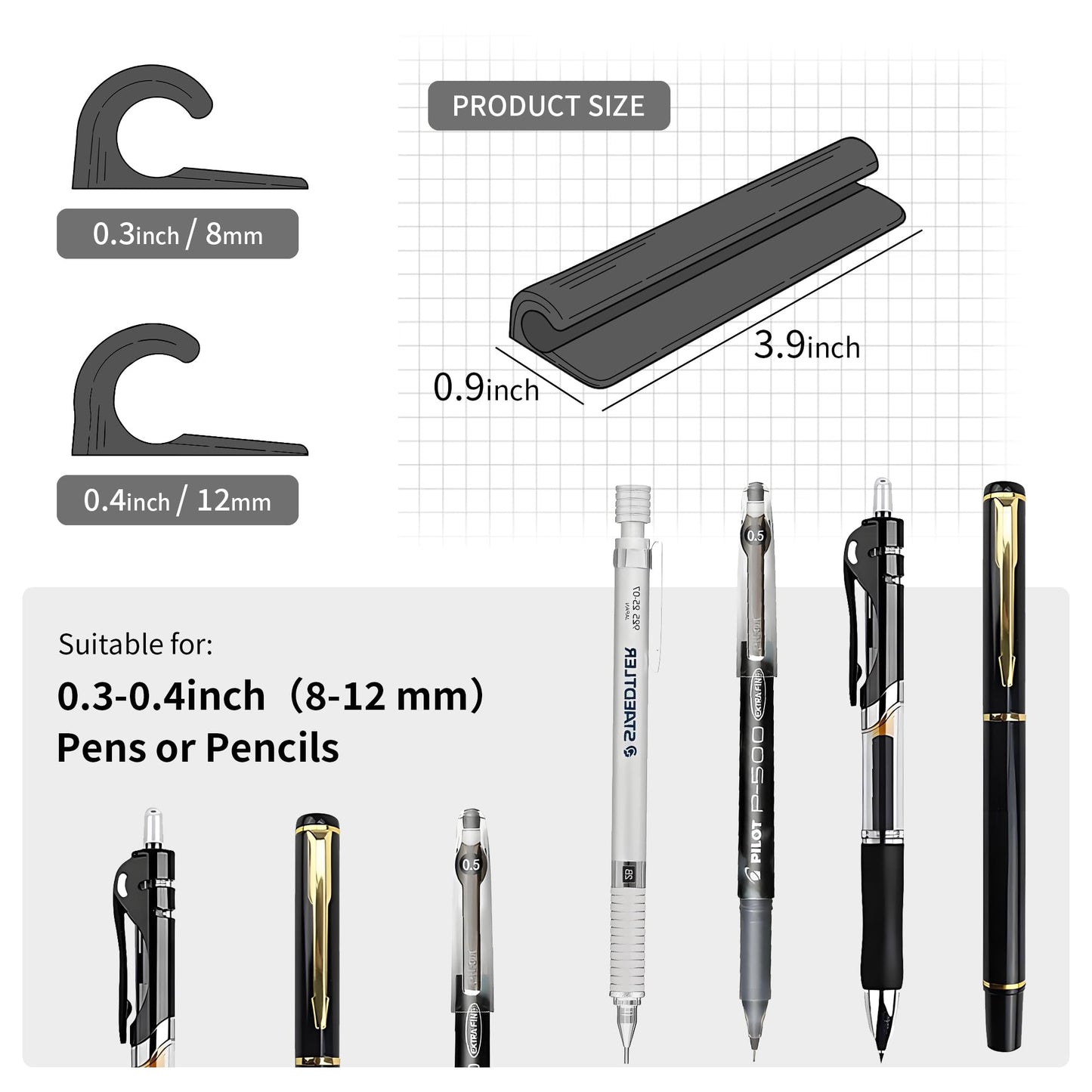 ELETIUO Pencil Holder For Most Pens,Pencils,Self-Adhesive Stick To Notebooks,Diary,Desks,Whiteboards Or Any Surface,Silicone Pen Holder For Home,Office And Desk Organization,Black